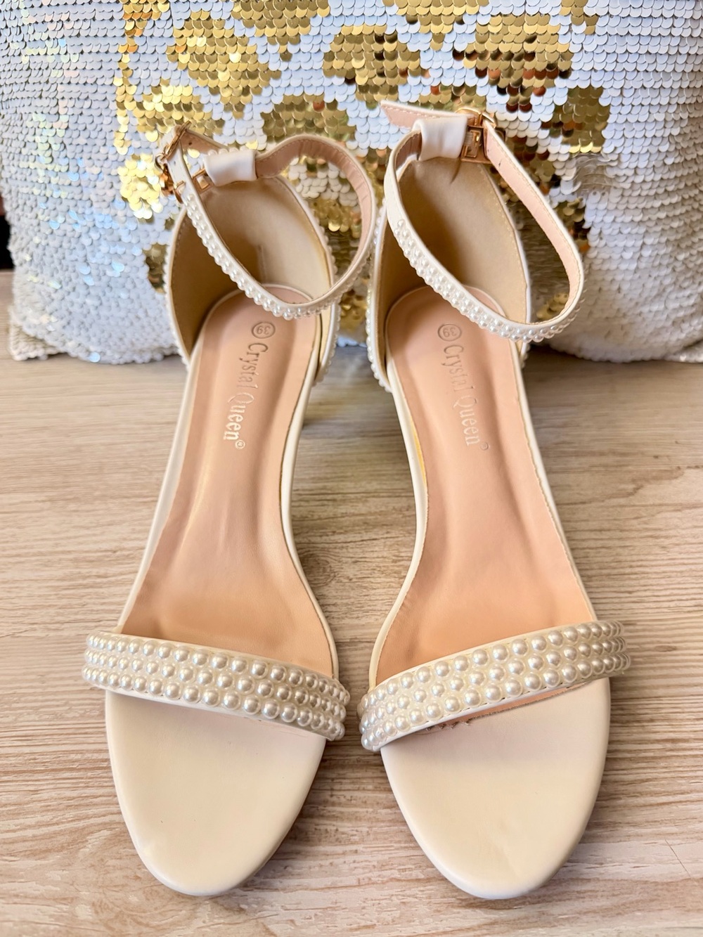 Pearl-Embellished Ankle-Strap Sandals in Cream